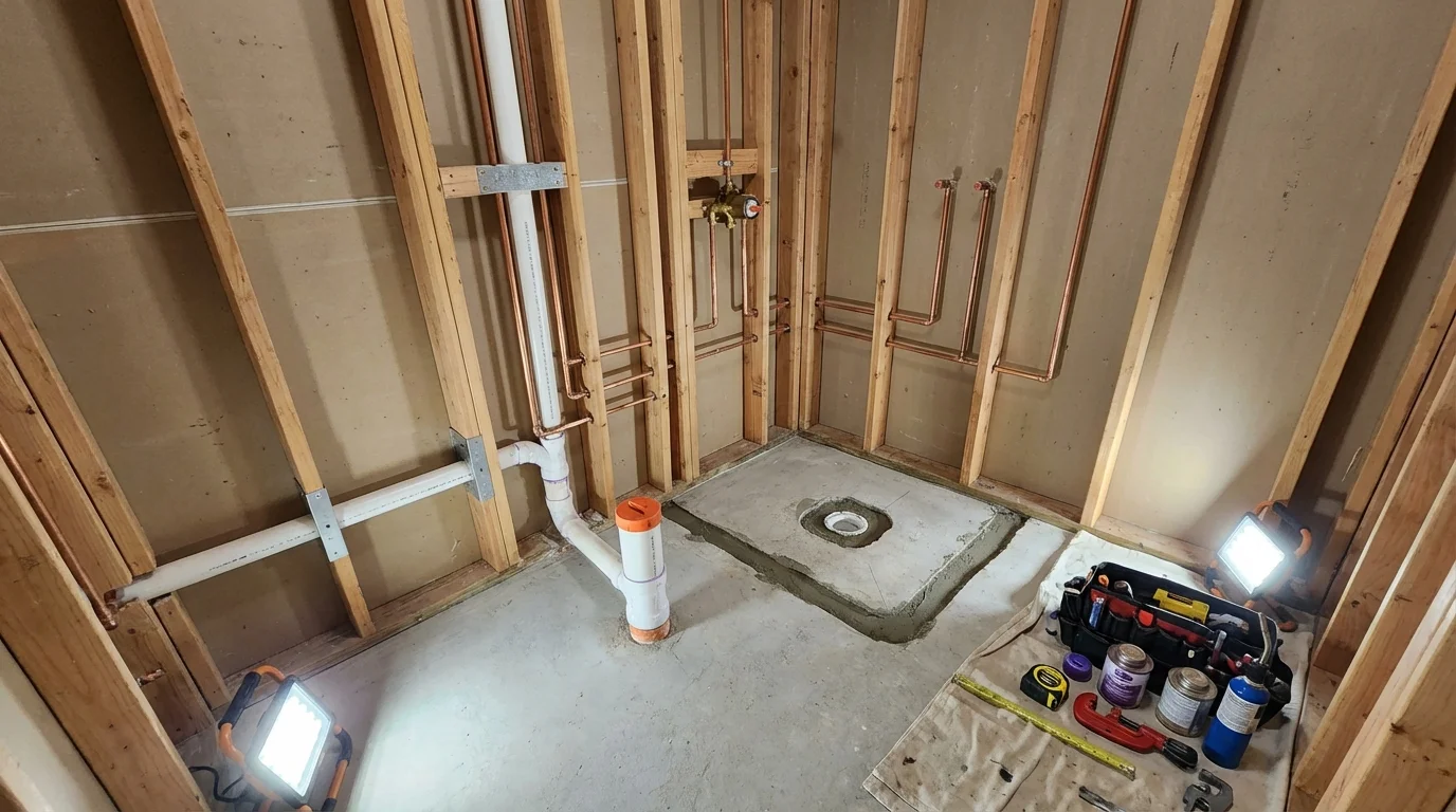Bathroom rough-in plumbing during remodel by Johns Plumbing LLC in Brattleboro
