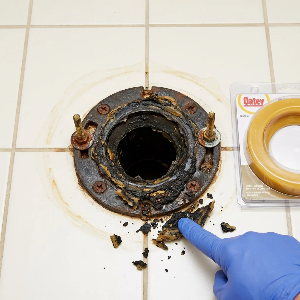 Failed wax ring showing water seepage at the base of a toilet in a Brattleboro, VT home
